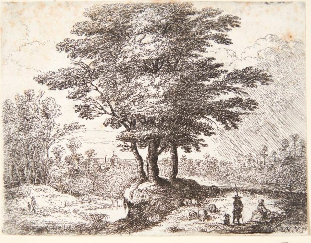 Tre træer, t.h. en hyrde med sine får og en siddende pige by Lucas van Uden