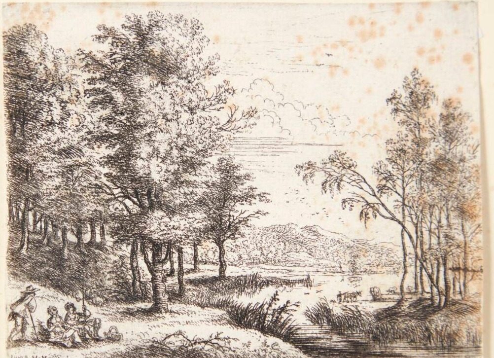 Landskab med tre hvilende figurer ved en sø by Lucas van Uden