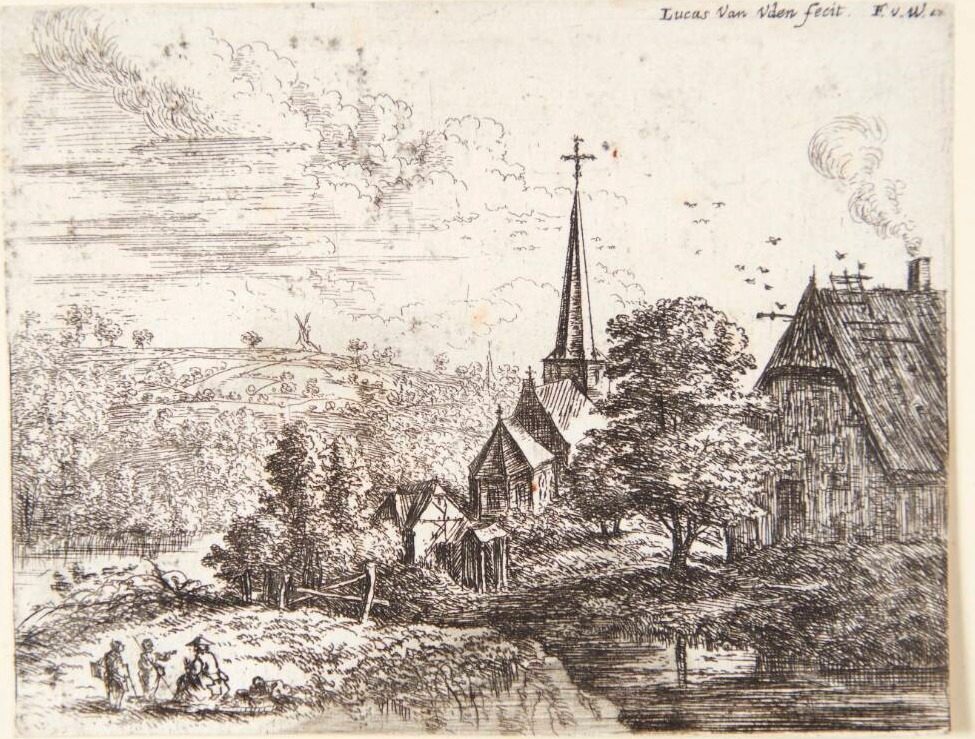Landsby ved en flod, i forgrunden tre figurer by Lucas van Uden