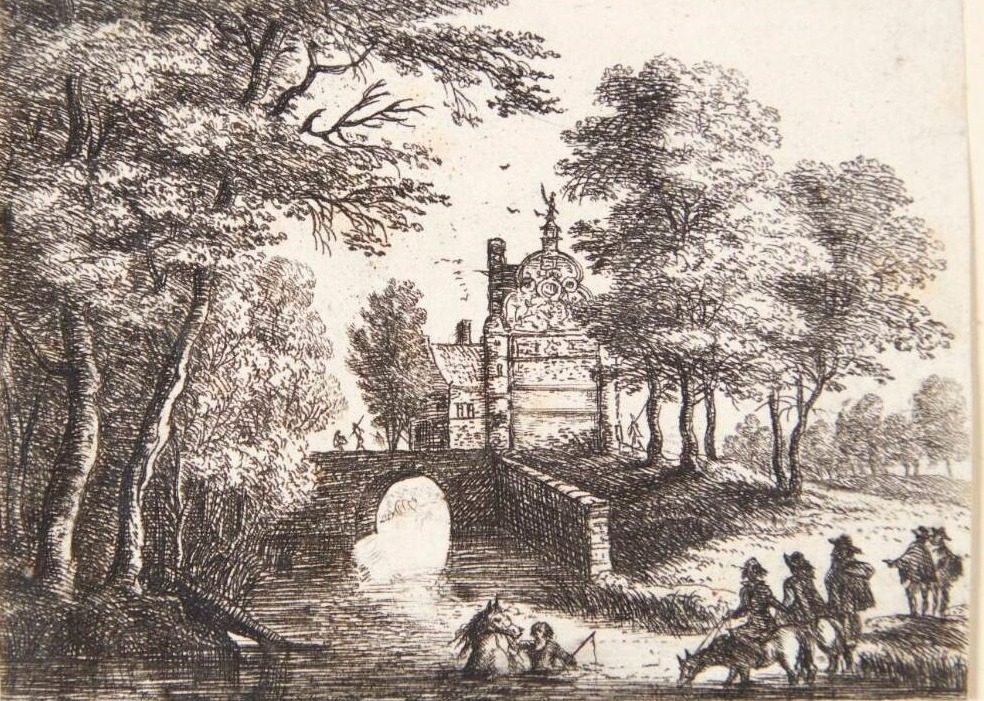 Flodlandskab med en bro og ryttere by Lucas van Uden