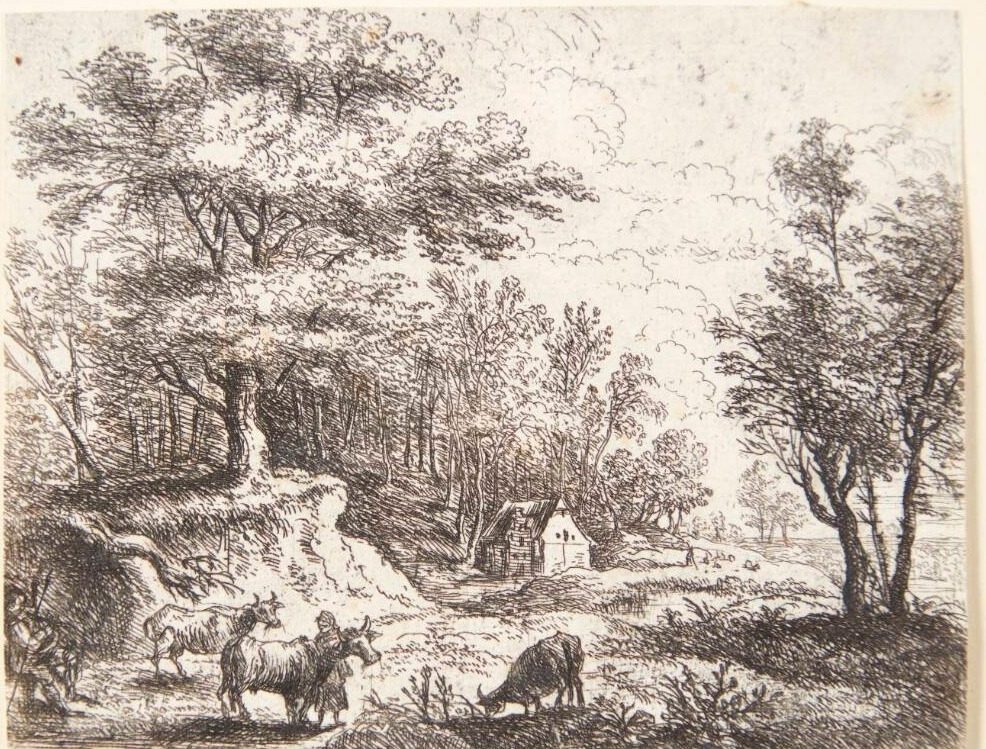 Landskab med køer og to figurer by Lucas van Uden