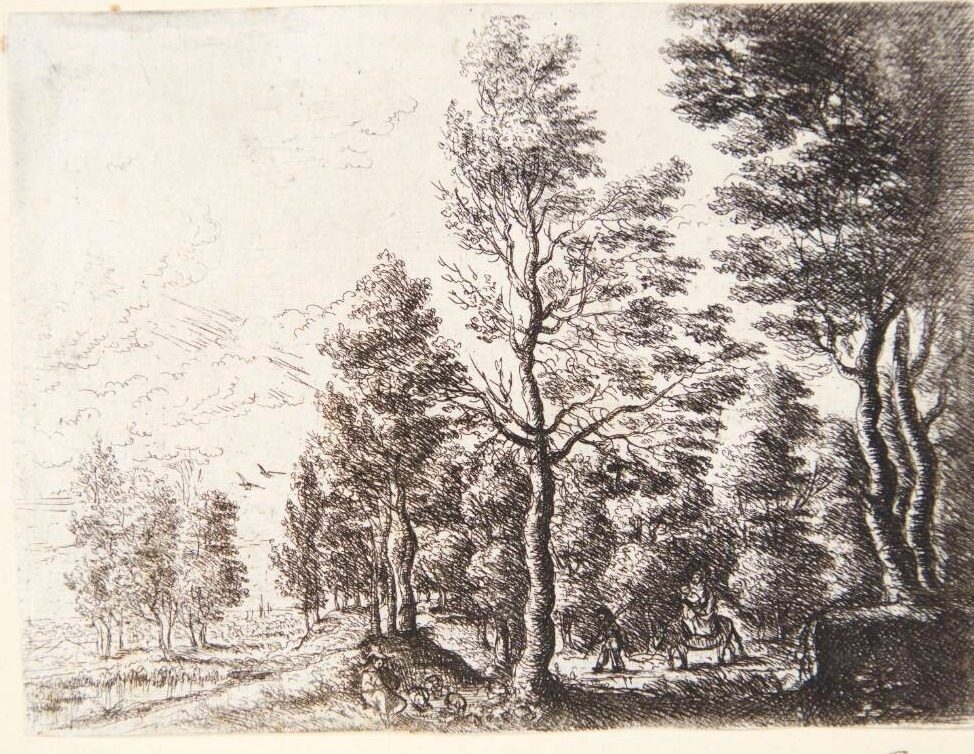 Landskab med en hyrde og en mand, der fører et æsel med en kvinde og et barn by Philips Augustijn Immenraet