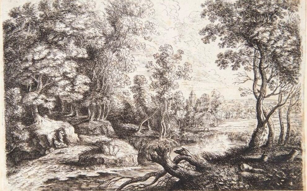 Landskab med en bæk og to mænd liggende under et træ by Lucas van Uden
