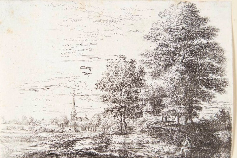 Landskab med en fårehyrde og får by Philips Augustijn Immenraet