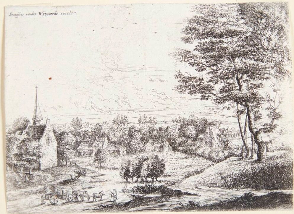 Udsigt mod en landsby med en vogn i forgrunden by Lucas van Uden