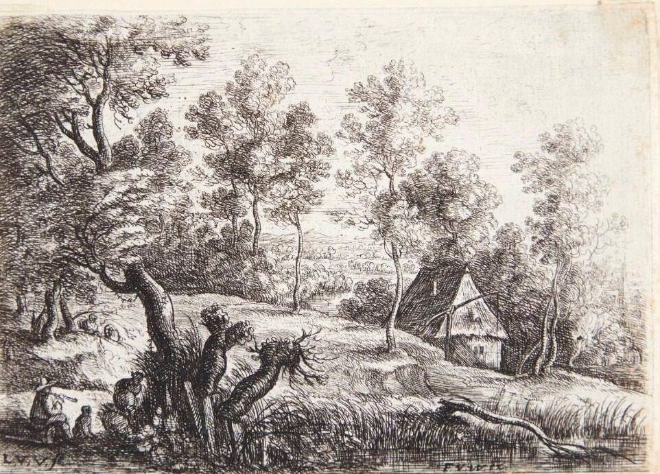 Landskab med et hus og en brønd, t.v. en fløjtespillende hyrde by Lucas van Uden