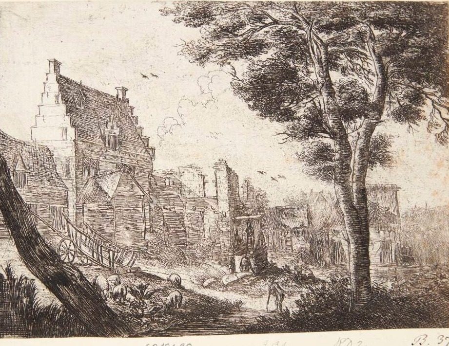 Fåreflok ved en landsby by Jean Baptiste Bonnecroy