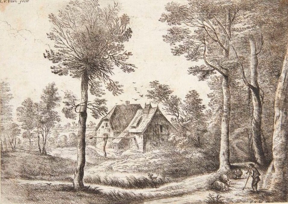 Landskab med to huse og en fårehyrde med en skalmeje by Lucas van Uden