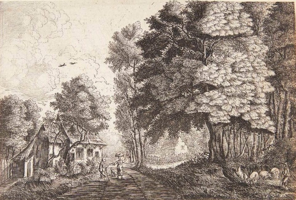 En vej med to figurer ved et skovbryn, t.h. en hyrde med sine dyr by Jean Baptiste Bonnecroy