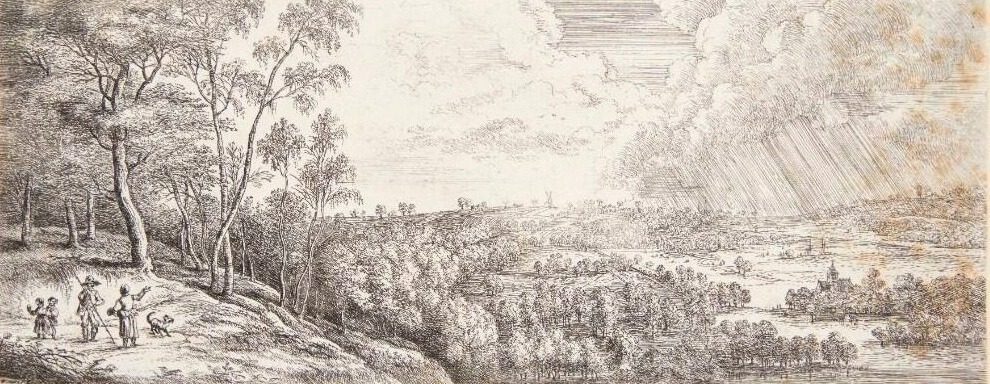 Landskab med en regnbyge, t.v. en hyrde og en kvinde i samtale, to børn og en hund by Lucas van Uden