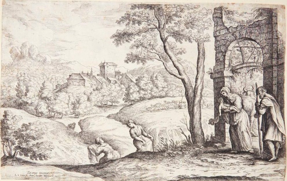 Landskab med den hellige familie og to fødselshjælpere by Lucas van Uden