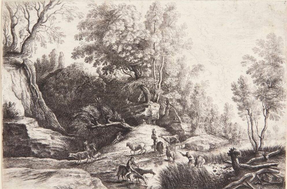 Heste og køer ved et vandingssted by Lucas van Uden