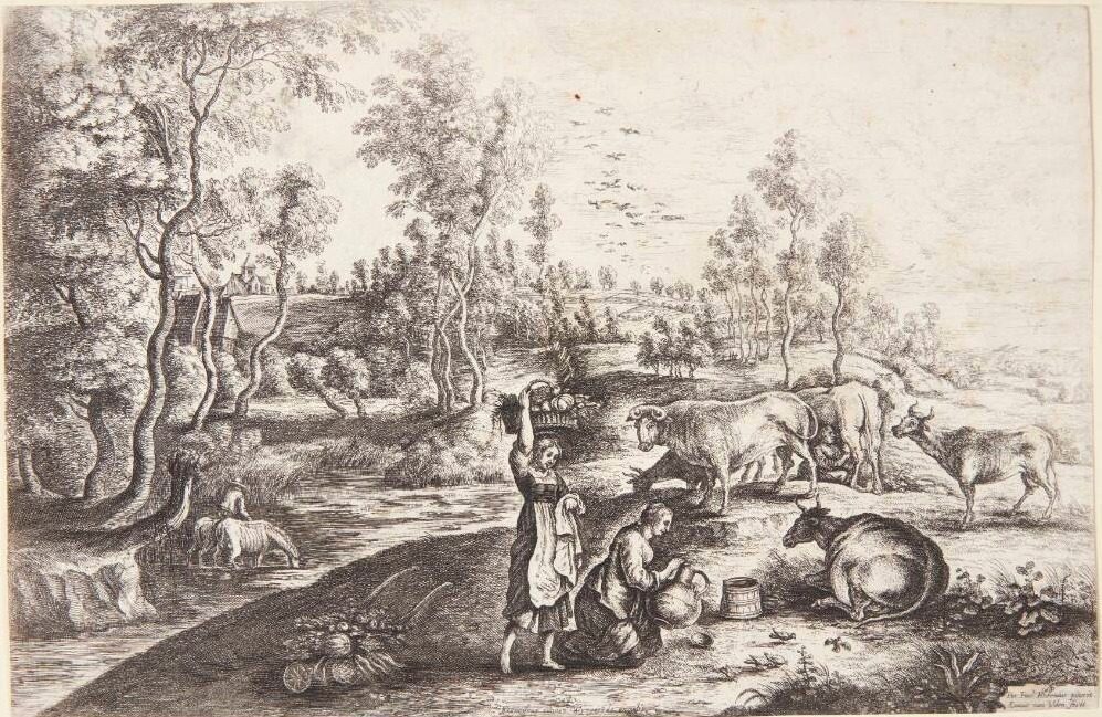 Landskab med to bondekoner by Lucas van Uden