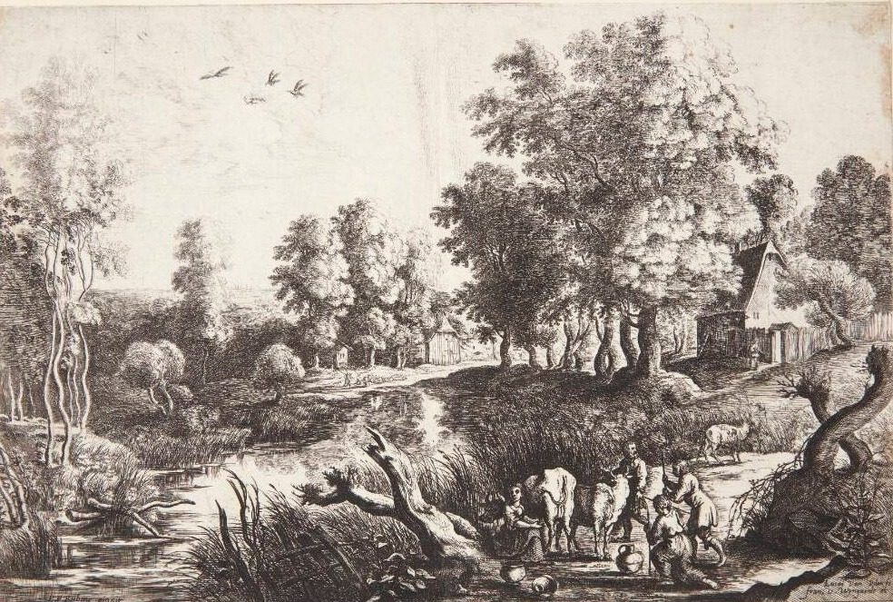 Flodlandskab med en malkepige, bønder og kvæg by Lucas van Uden