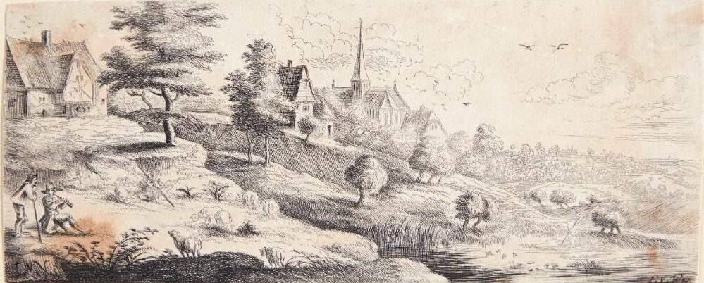 Landsby med en kirke, t.v. en mand med en skalmeje by Lucas van Uden