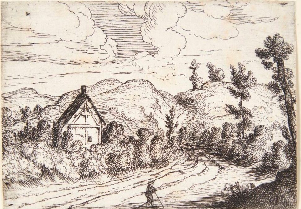 Vej gennem et bakket landskab, t.v. et hus omgivet af buskads by Lodewijk de Vadder