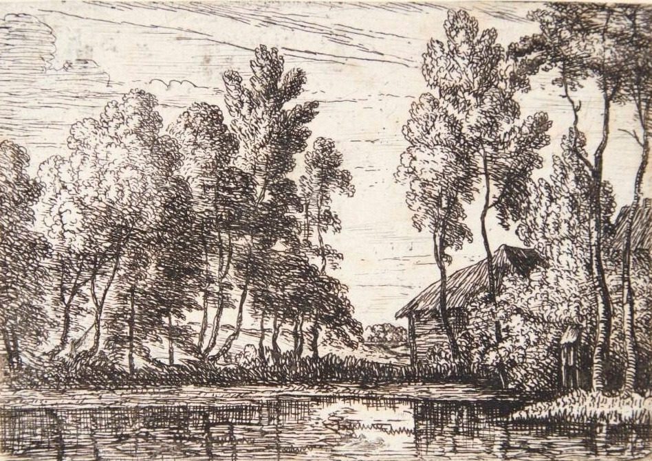 Kanal med træer og et hus by Lodewijk de Vadder