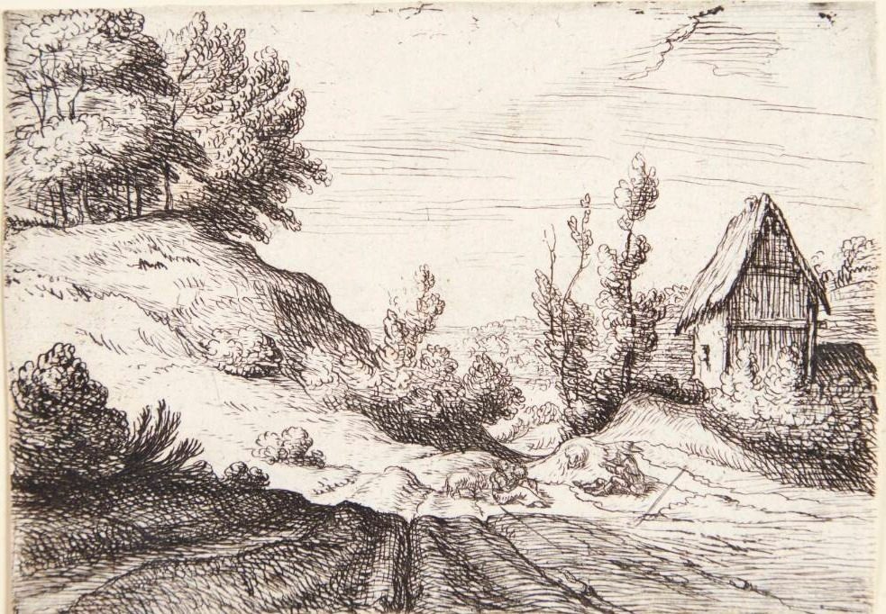 Vej gennem et bakket landskab, t.h. et hus by Lodewijk de Vadder