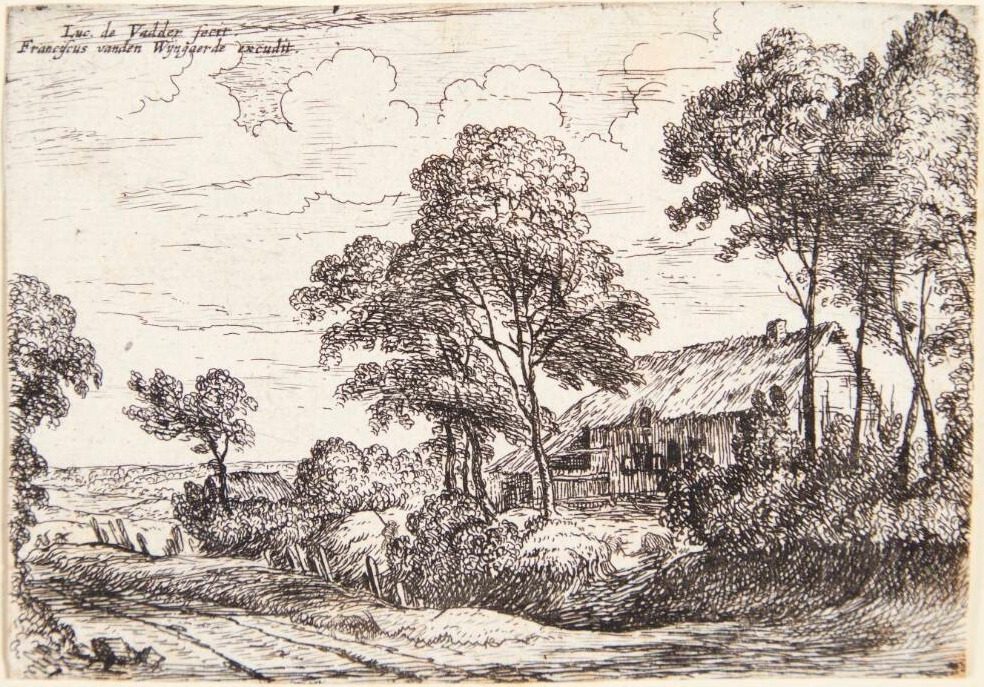 Stråtækt hus ved en vej by Lodewijk de Vadder