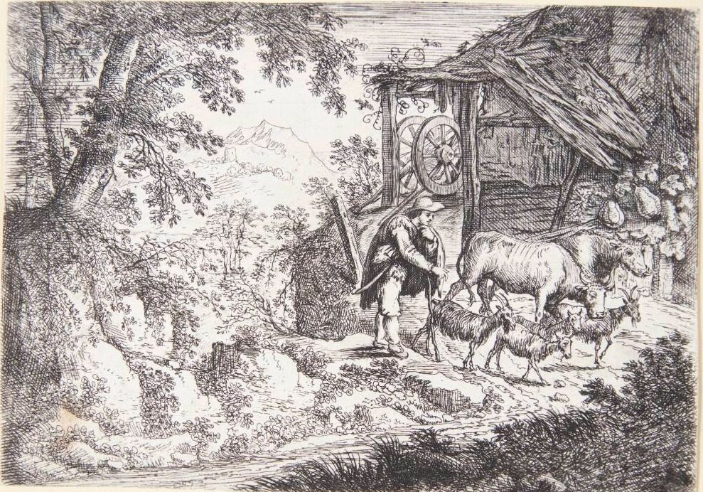 Landskab med en hyrde med to køer og fire geder by Cornelis Matthieu