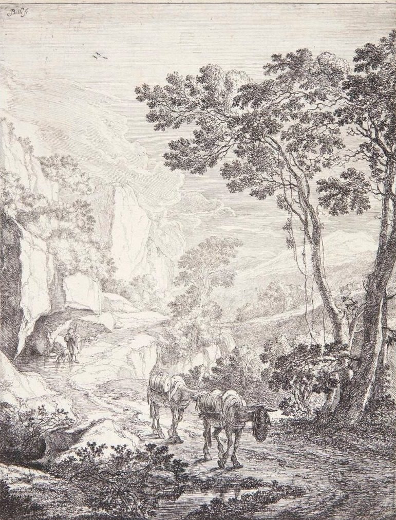 Landskab med to mulæsler på en vej. Rocca Aquatico ved Ancona by Jan Both