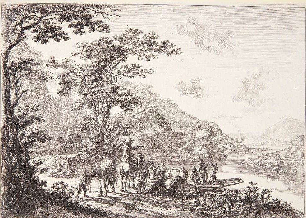 Landskab ved Tiberen med rejsende, bønder og kreaturer by Jan Both