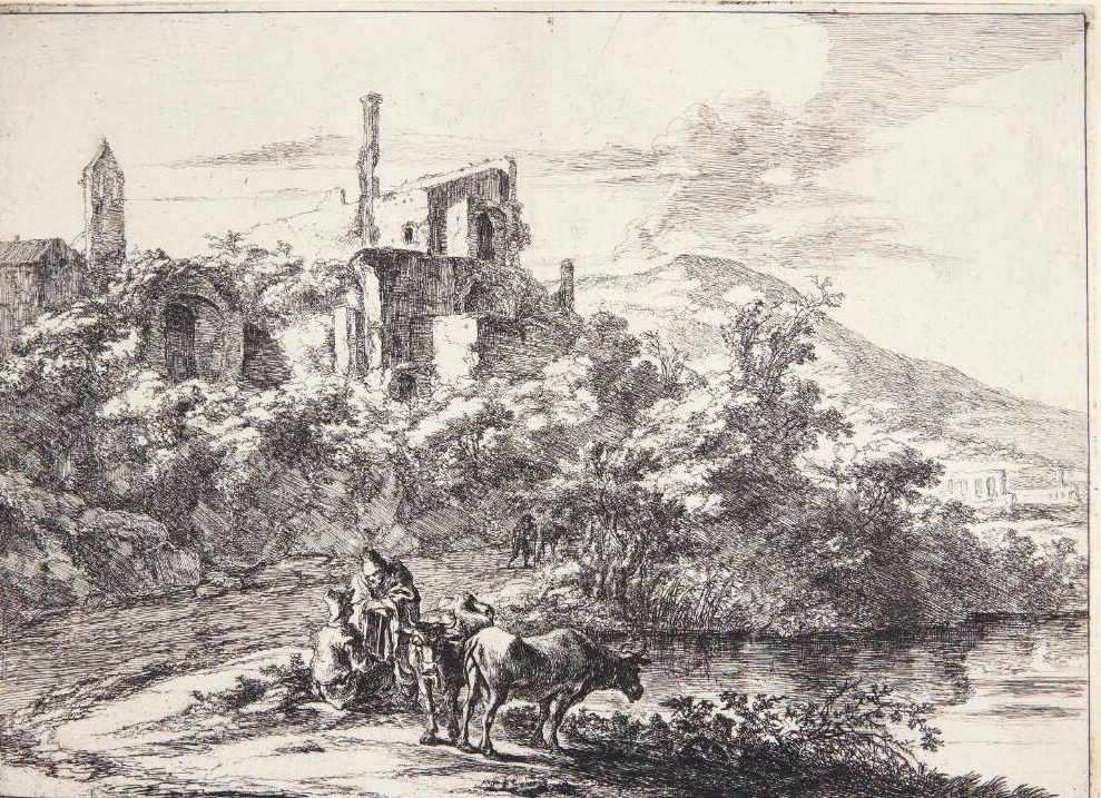 Landskab ved Tivoli, to køer ved flodbredden by Jan Both