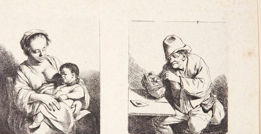 "En mor med sit barn" og "En bonde, der tænder sin pibe" by Cornelis Pietersz Bega