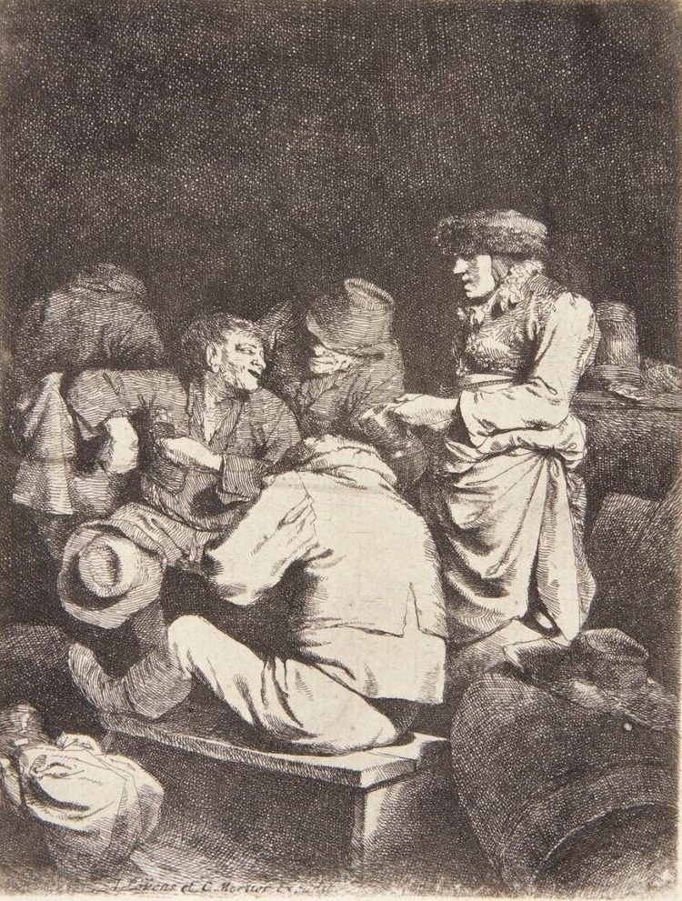 Gammel kvinde serverer for tre mænd i en krostue by Cornelis Pietersz Bega