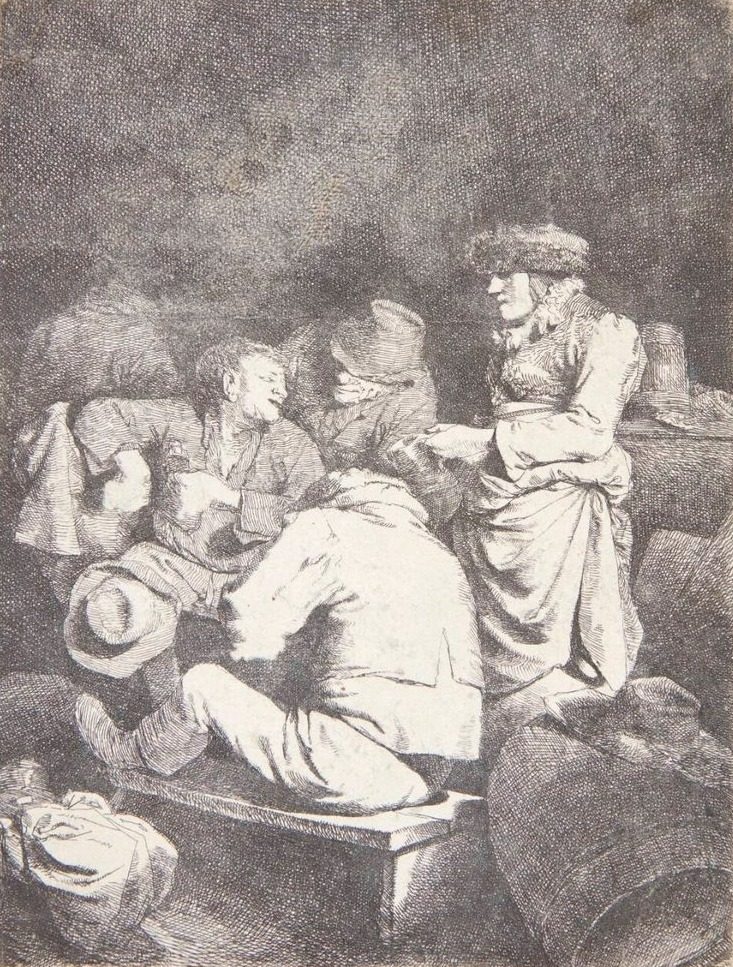 Gammel kvinde serverer for tre mænd i en krostue by Cornelis Pietersz Bega