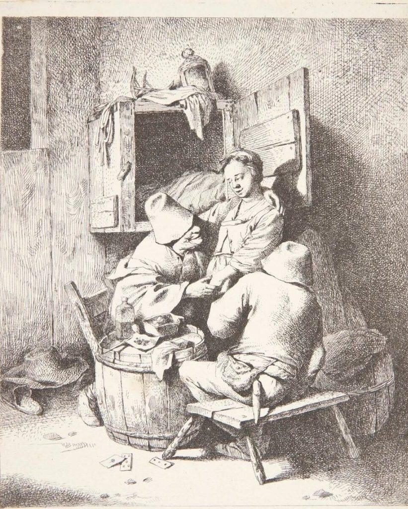 Ung værtinde og to siddende mænd i en krostue by Cornelis Pietersz Bega
