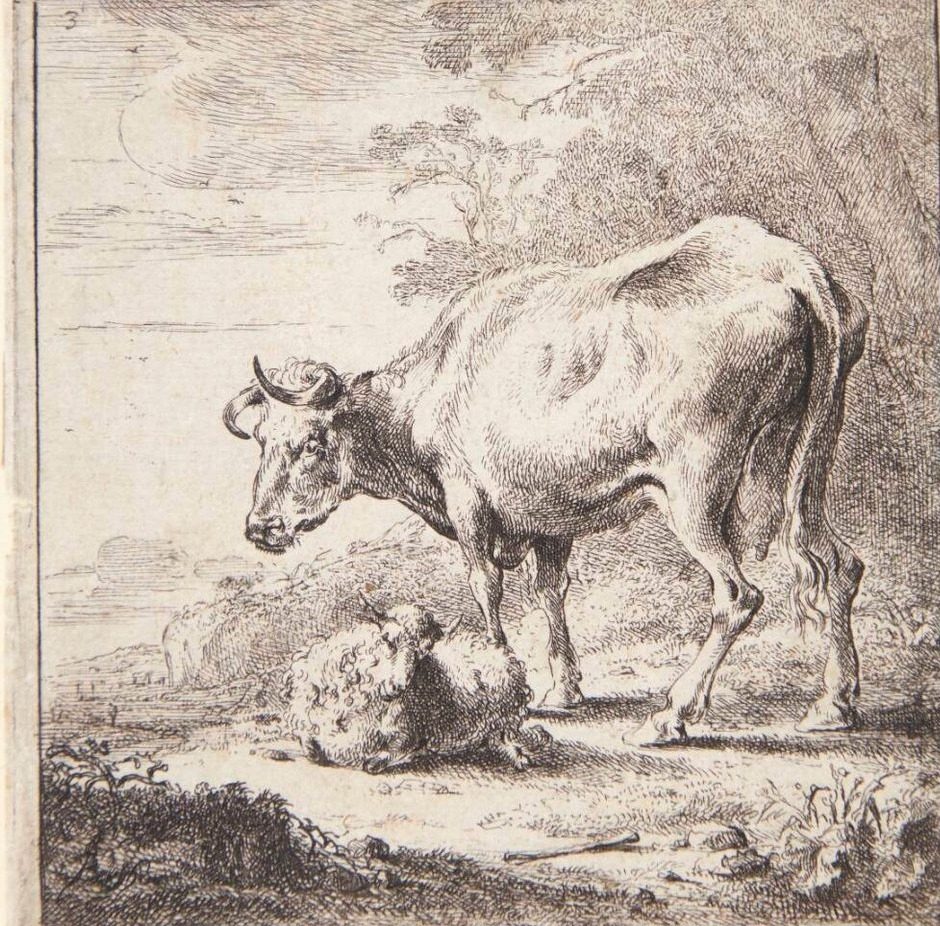 Stående ko og et liggende får by Nicolaes Berchem
