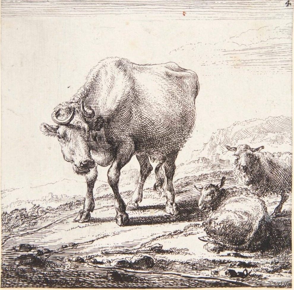 Stående ko og to liggende får by Nicolaes Berchem
