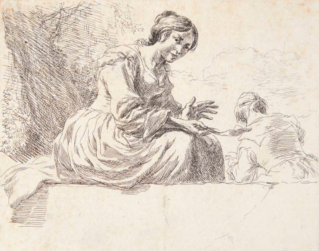 Bondepige siddende på en sten. Titelblad til "Får" by Nicolaes Berchem