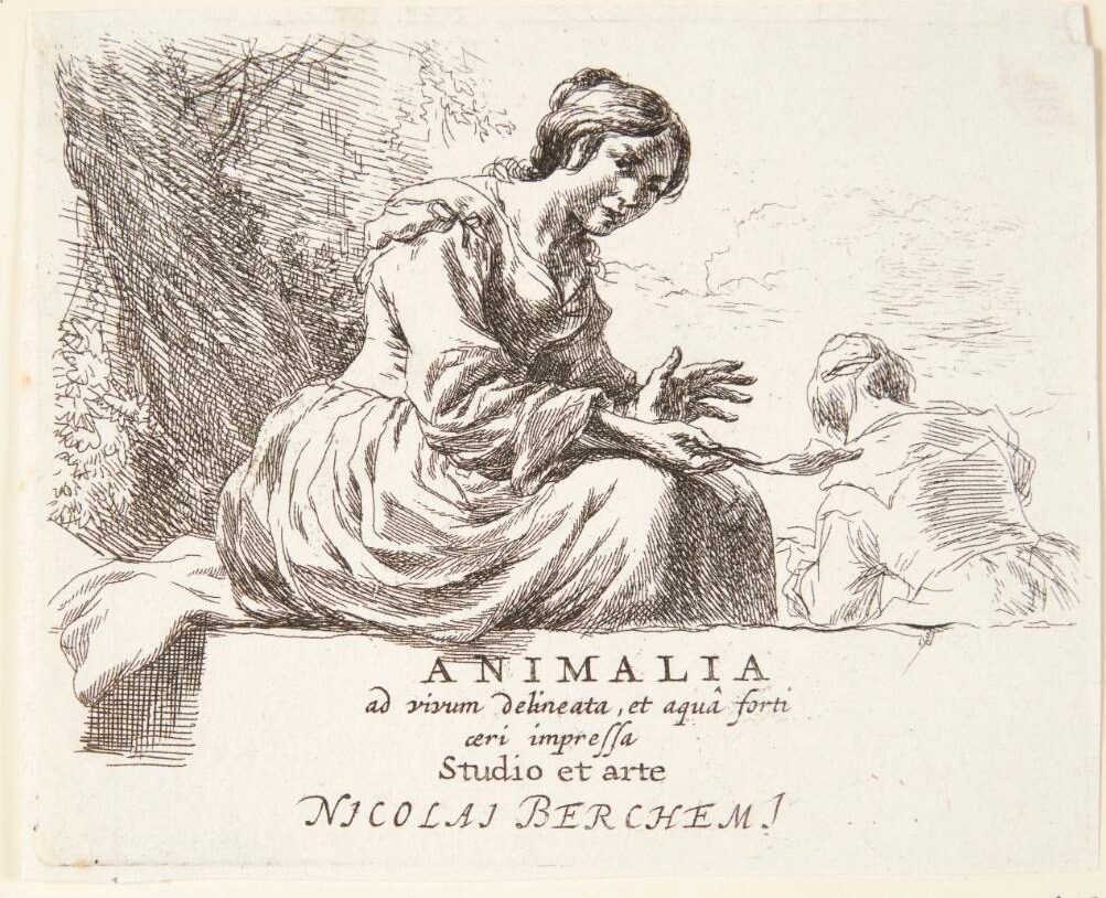 Bondepige siddende på en sten. Titelblad til "Får" by Nicolaes Berchem