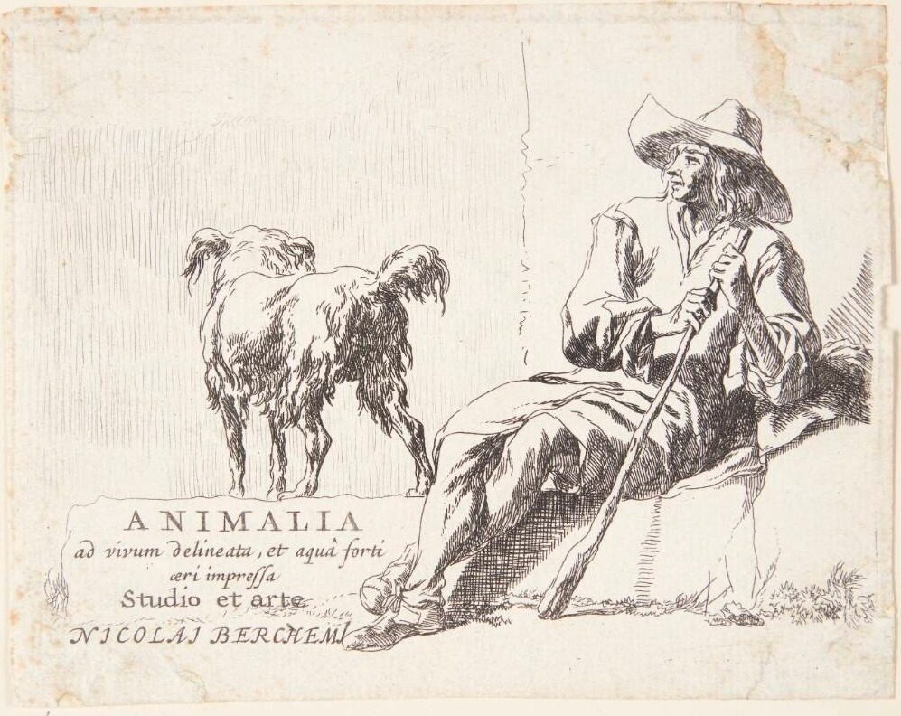 En hyrde med sin hund. Titelblad til "Geder" by Nicolaes Berchem