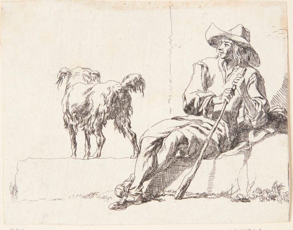 En hyrde med sin hund. Titelblad til "Geder" by Nicolaes Berchem