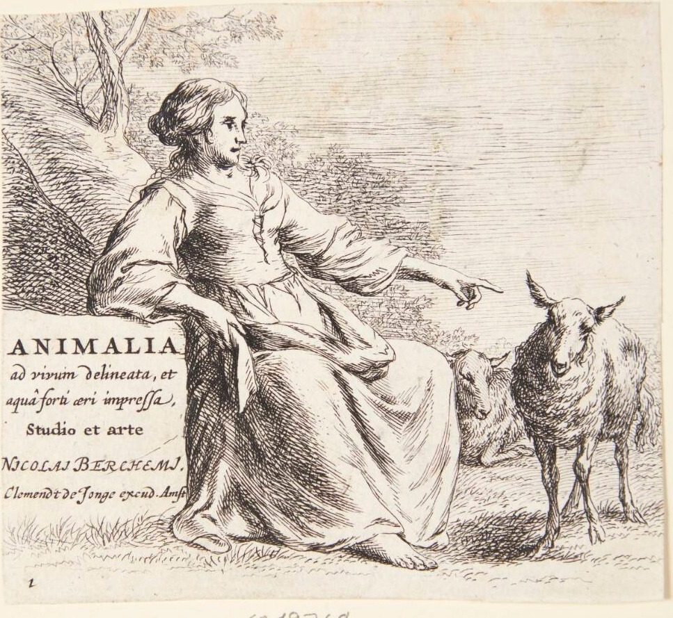 Hyrdinde med et får. Titelblad til "Får" by Nicolaes Berchem