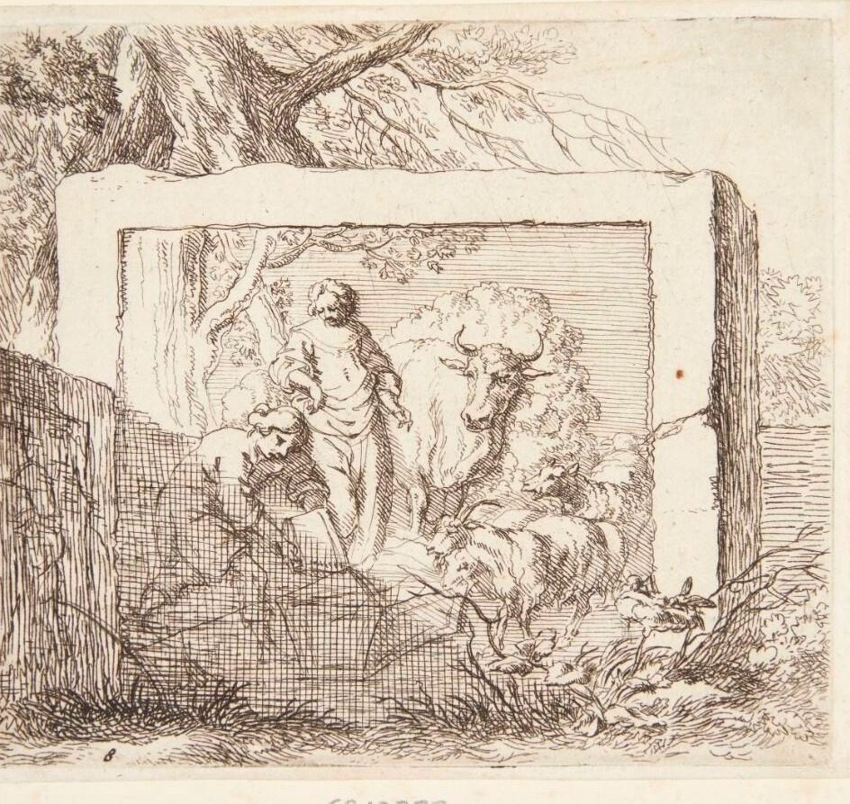 Stenblok med et basrelief forestillende en hyrde, der hælder vand i et trug by Nicolaes Berchem