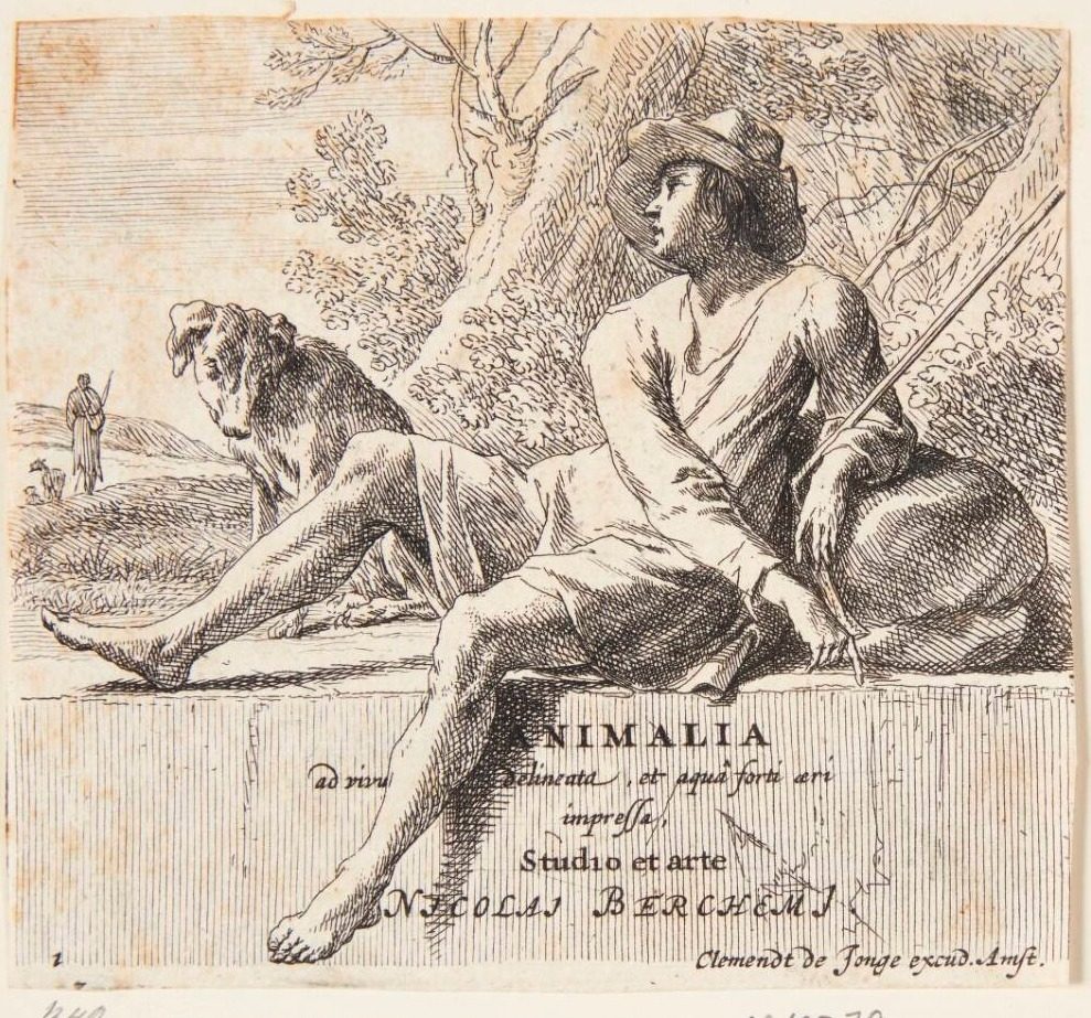 Fårehyrde siddende på en sten. Titelblad til "Forskellige dyr" by Nicolaes Berchem