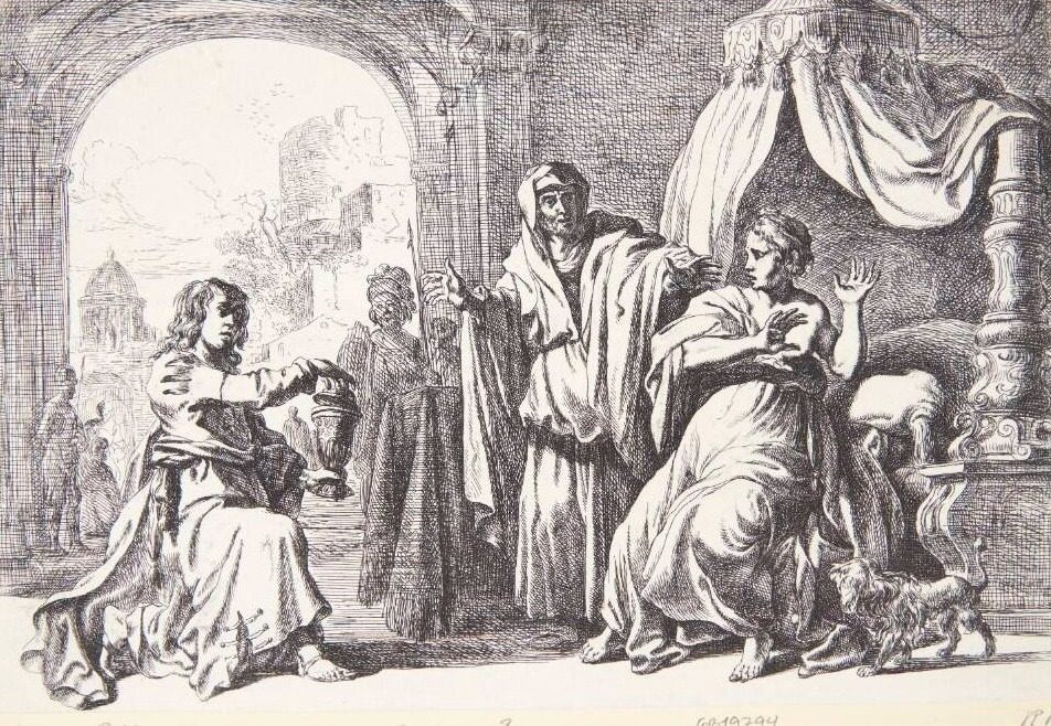 Artemisia modtager sin mands gravurne by Nicolaes Berchem