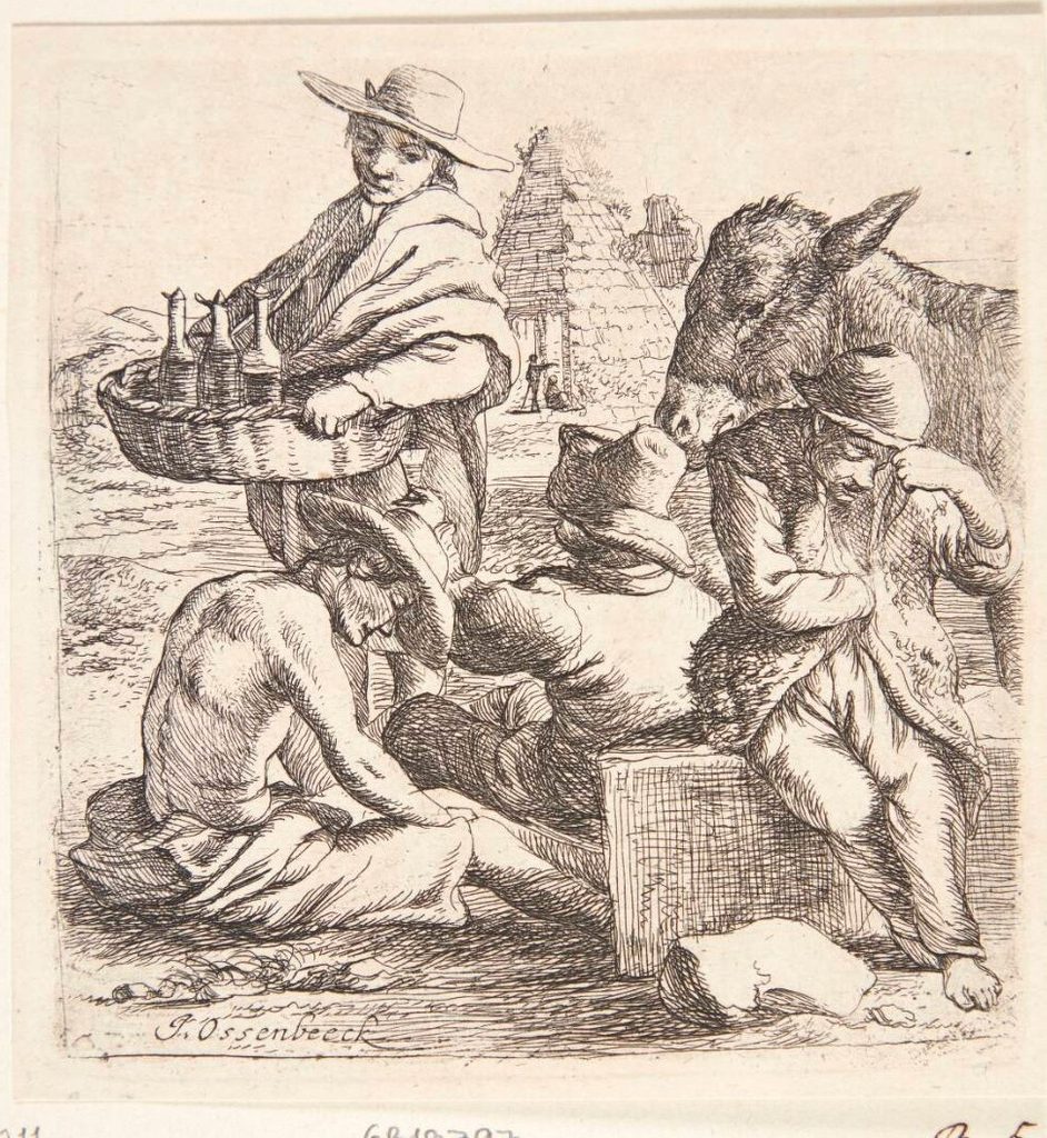 En mand, der sælger enebærvin, og tre tiggere by Ossenbeeck, Jan van