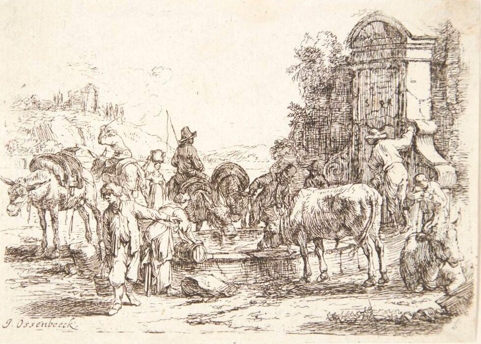 Mennesker og dyr ved en fontæne by Ossenbeeck, Jan van