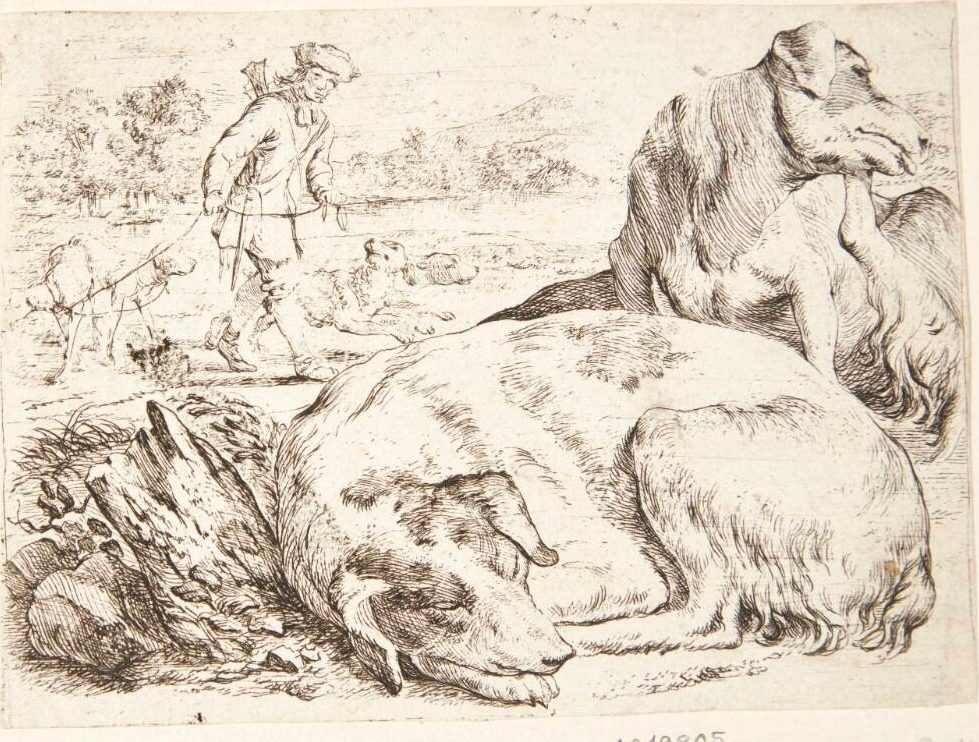 En jæger med sine hunde by Ossenbeeck, Jan van
