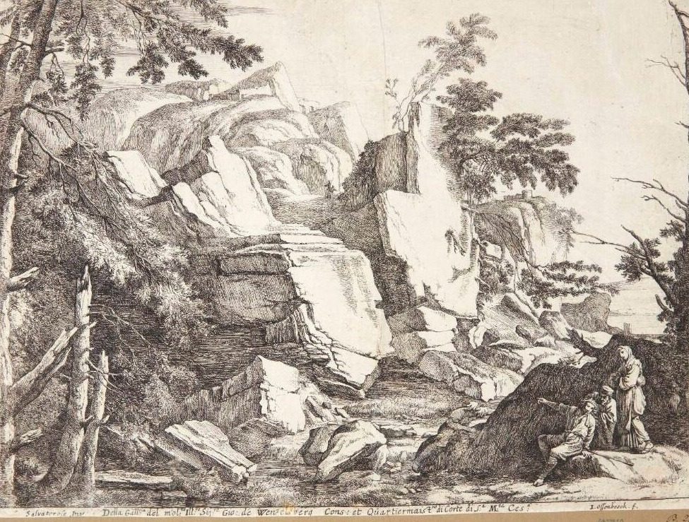 Klippelandskab med fire figurer i forgrunden by Ossenbeeck, Jan van