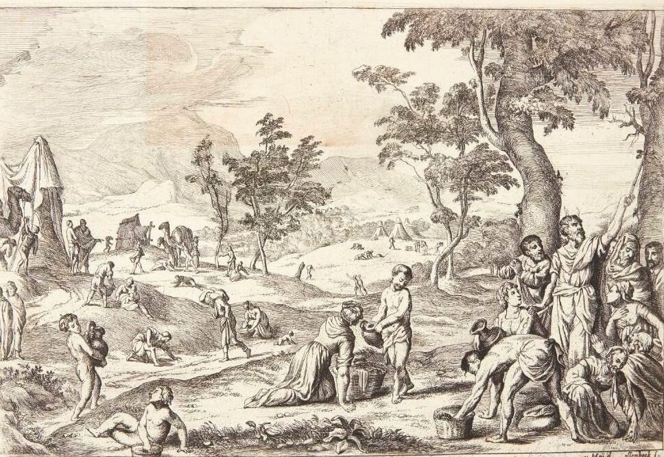 Israelitterne samler manna i ørkenen by Ossenbeeck, Jan van