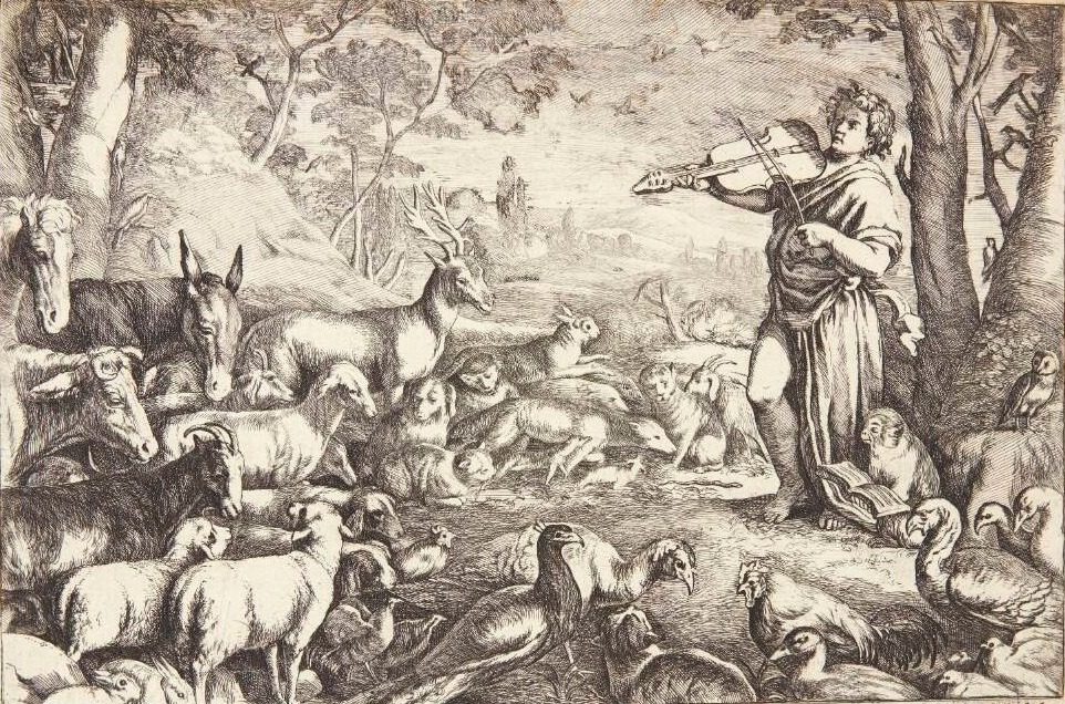 Orfeus tæmmer de vilde dyr by Ossenbeeck, Jan van