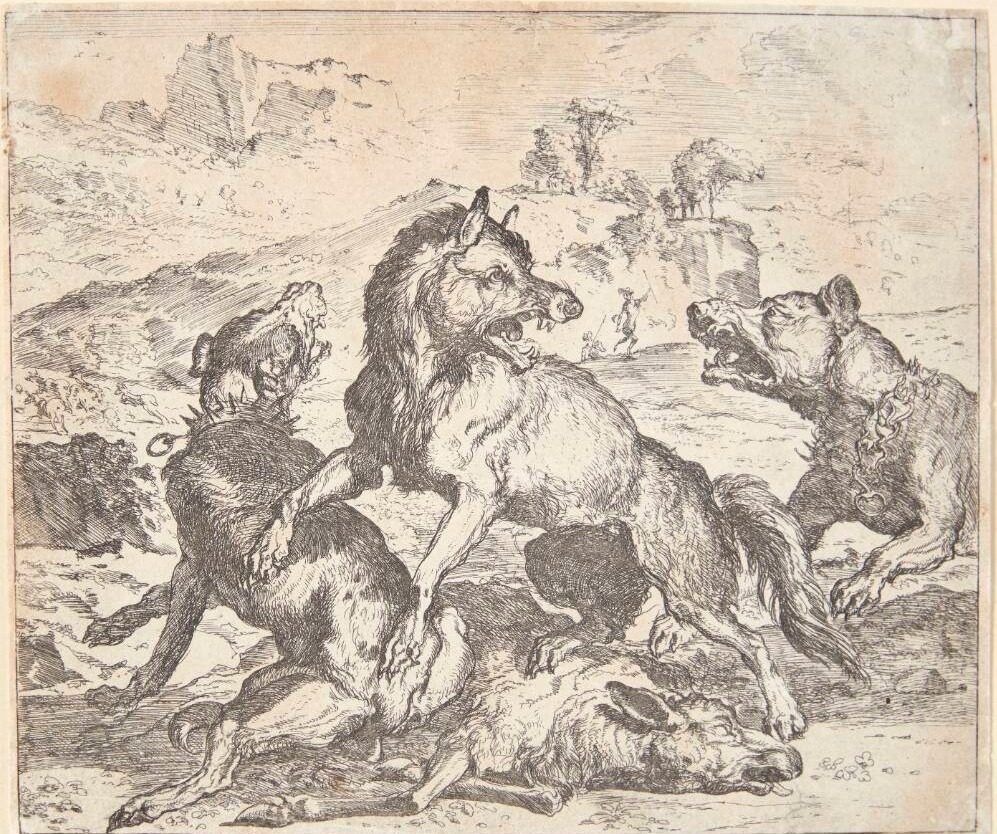 Ulv angrebet af to hunde by Abraham Hondius
