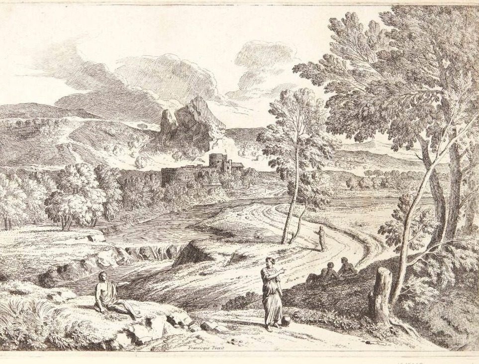 Landskab med et lille vandfald, i forgrunden en siddende mand og en gående kvinde by Théodore