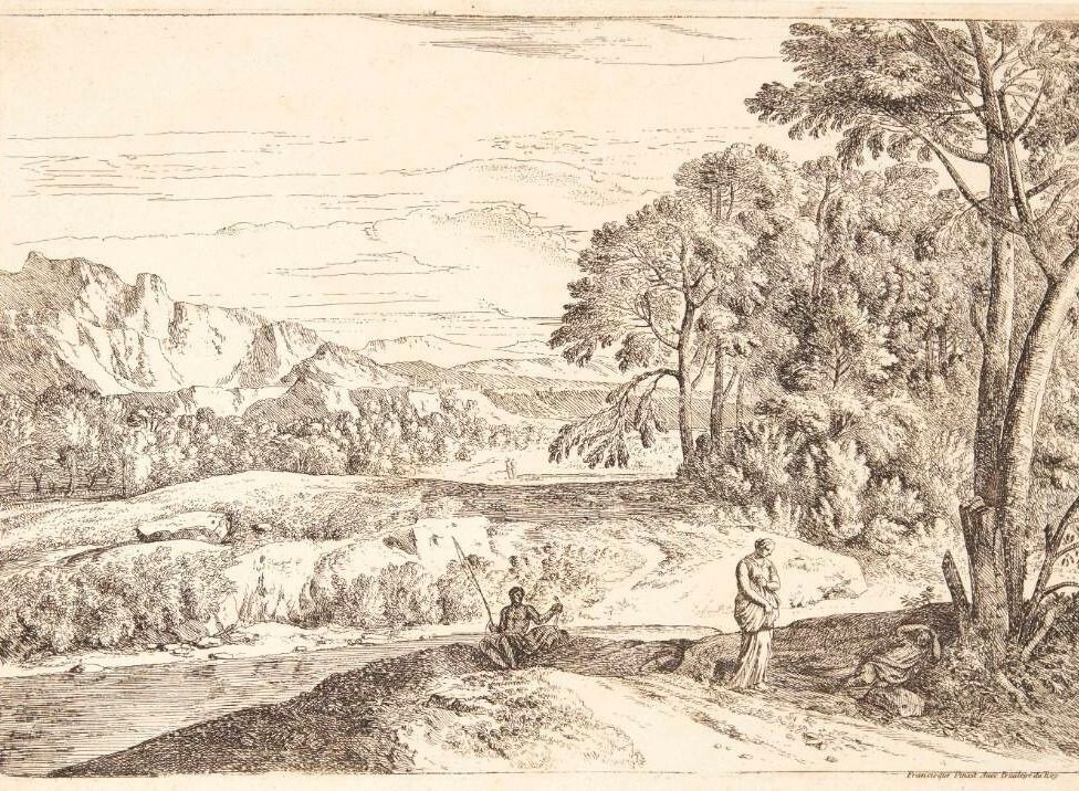 Landskab med en fisker og en gående og liggende figur by Théodore